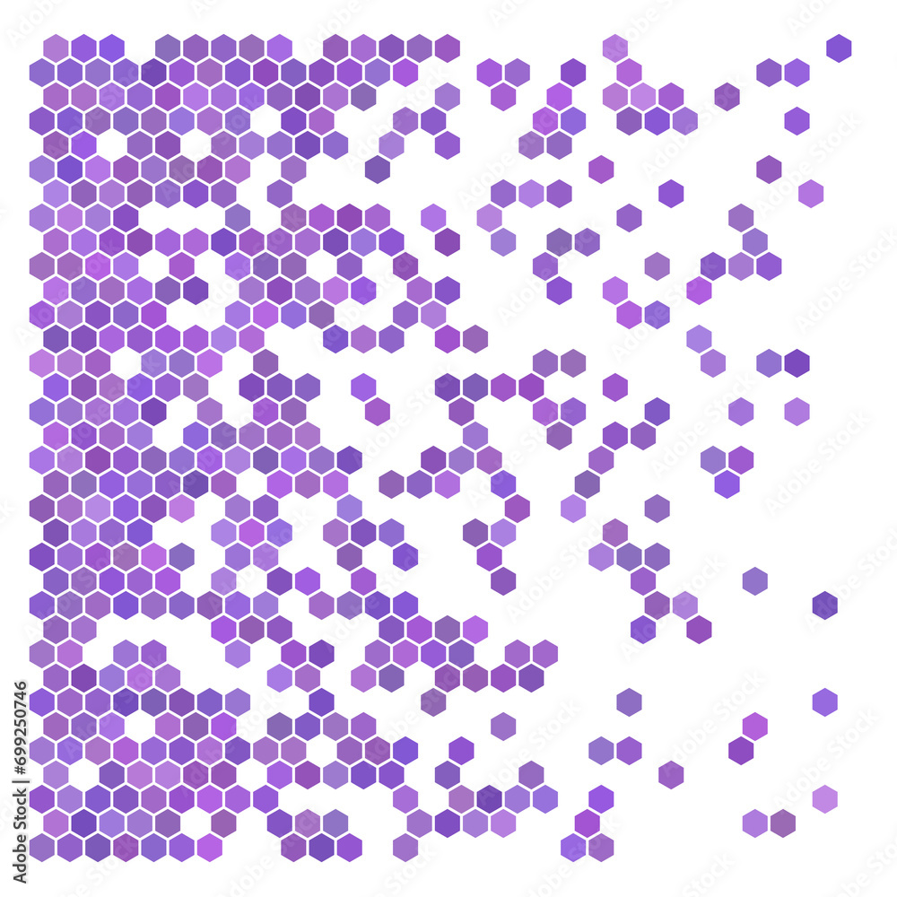 Purple hexagons, halftone random background.