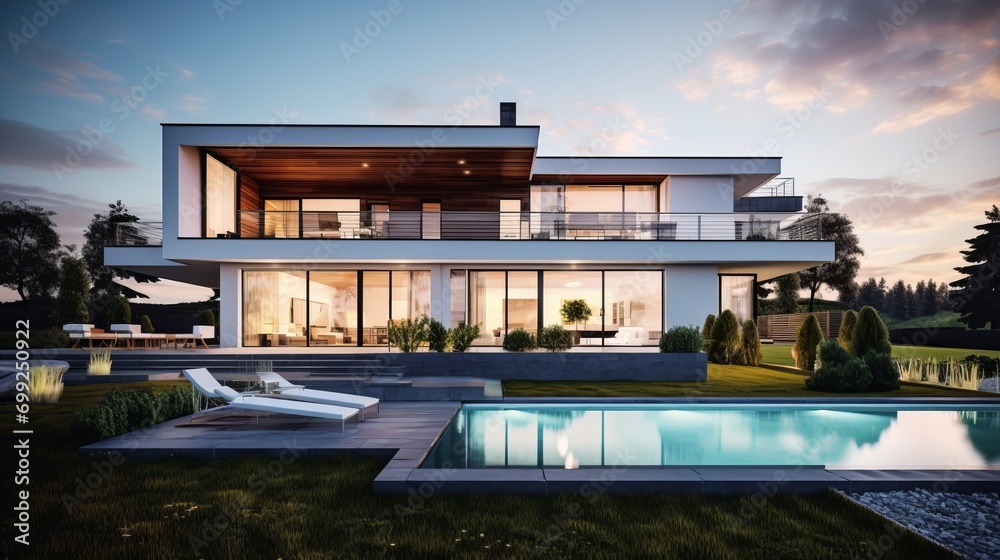 Fototapeta premium luxury villa illuminated in the evening