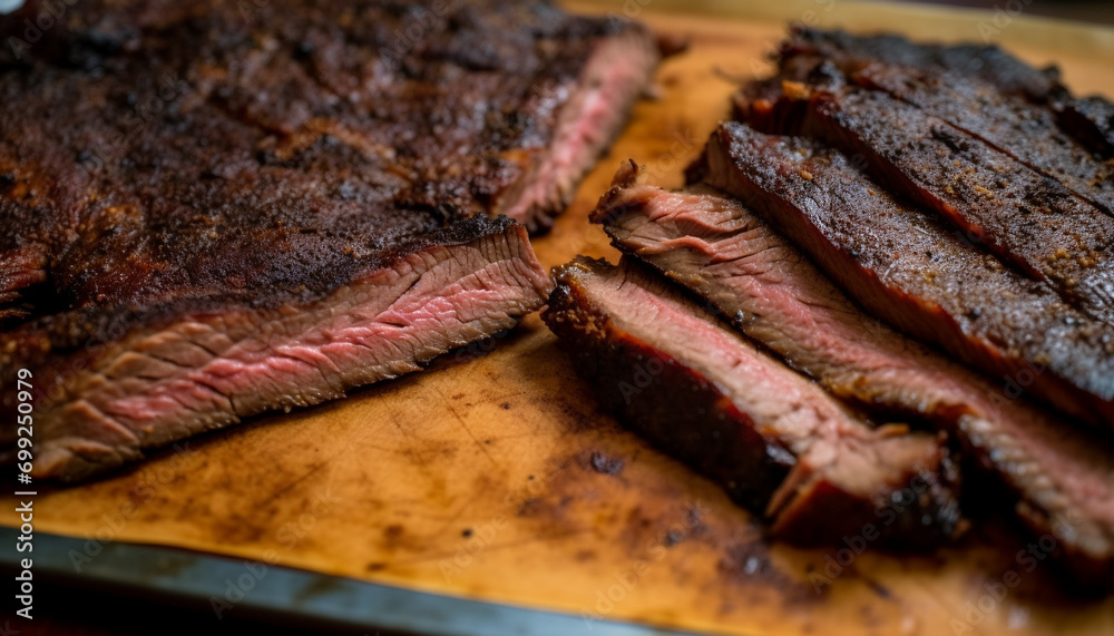 Grilled steak, juicy and rare, ready to eat on rustic cutting board generated by AI