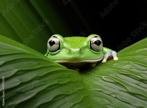 a young frog peeking out from behind a leaf with green background