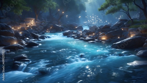 Landscape view of water flowing over rocks. Landscape view of world fantasy