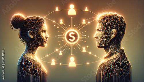 Foto Geometric Peer-to-Peer Lending Concept with Silhouettes and Currency Transfer