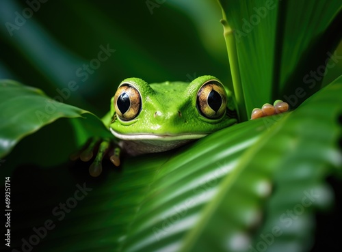 a young frog peeking out from behind a leaf with green background