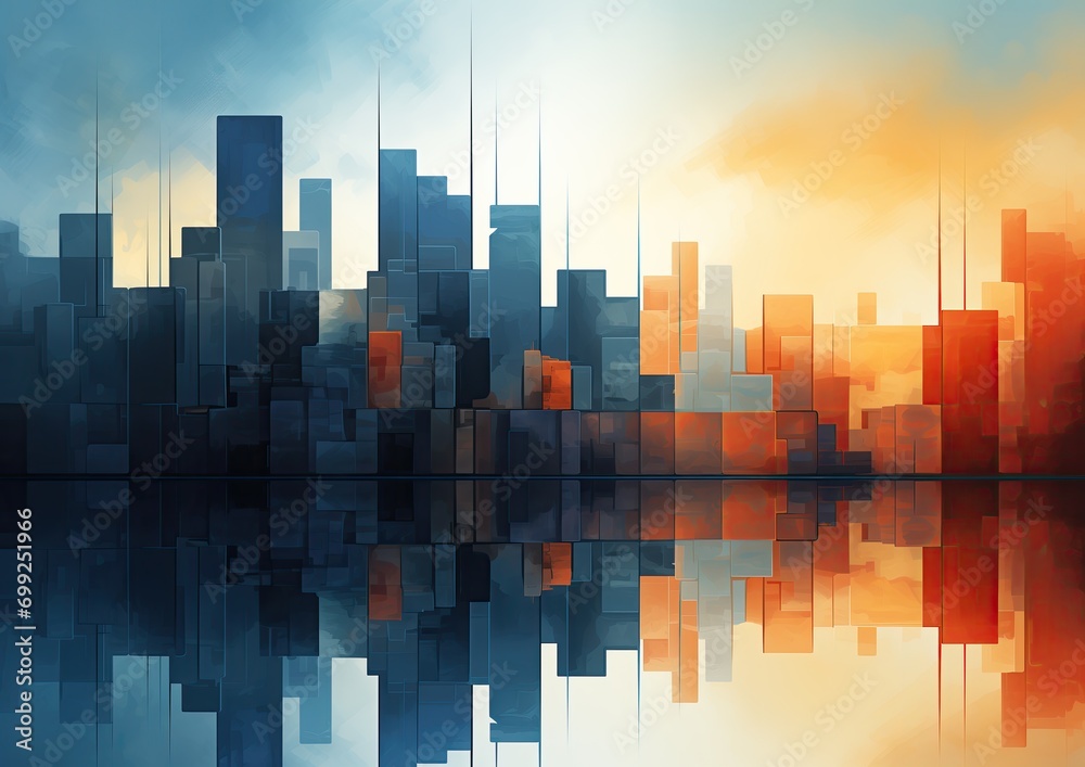 An abstract cityscape at twilight, with buildings fading into a gradient of blue and orange.