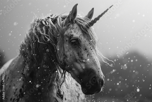 An image of a mythical unicorn, its mane and tail a swirl of sparkling graphite and wood shavings. photo