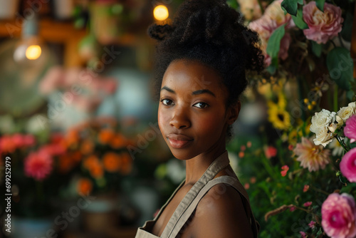 Attractive Afro American woman flower shop owner in apron at florist store