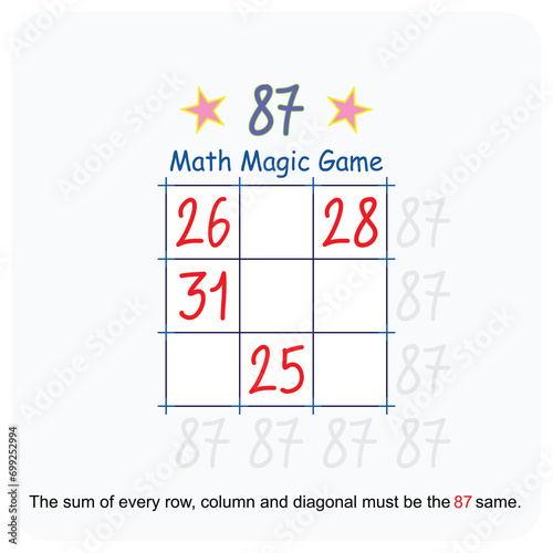 Magic math game. (Magic square)  Recreational mathematics and educational series vector illustration.