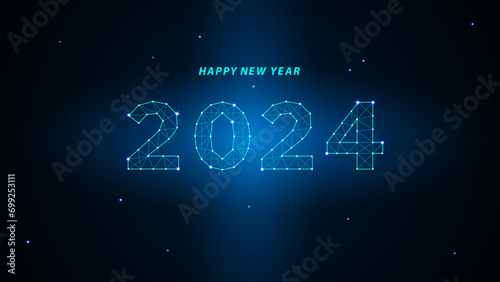 Happy new year 2024 greeting card, numbers from a polygonal wireframe mesh. Abstract background. Vector illustration. Blue colors.