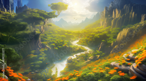 Sunlit valley with river flowing through a vibrant forest