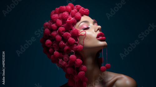 Sinnliches Portrait einer Frau im Halbprofil mit roten Lippen und Frisur aus Himbeeren vor dunklem Hintergrund. Surreale Illustration photo