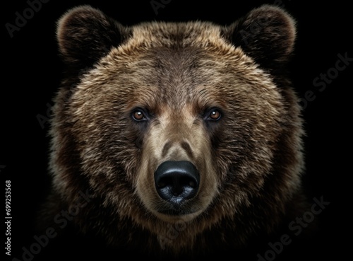 Front view of brown bear isolated on black background.