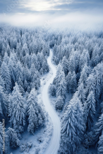 White winding road in coniferous forest in winter, vertical aerial view of snowy blue woods. Scenery of snow, path and frozen trees. Concept of nature, Christmas, travel, Siberia, Norway