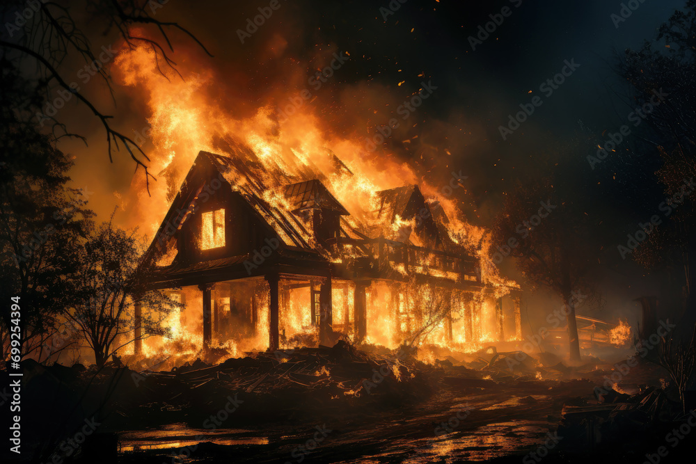 House completely destroyed by fire at night, single family home burning due to wildfire. Wooden building in flames and smoke. Concept of damage, disaster, insurance, arson, wood - obrazy, fototapety, plakaty 