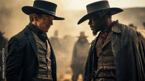 Standoff of two cowboys like in western movie, showdown between white and black man wearing hats and vintage clothes. Concept of bandit, wild west, outlaw, vs, duel, conflict, people photo