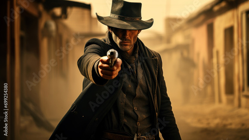 Cowboy gunfighter pointing gun like in western movie, portrait of man wearing hats and vintage clothes during shootout. Concept of bandit, wild west, outlaw, shoot, showdown, gunfight photo
