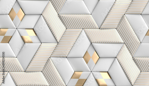 3D soft geometry of high quality tiles with realistic texture made from white leather with golden decor stripes and rhombus photo
