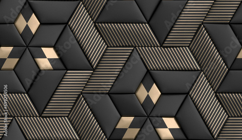 3D soft geometry of high quality tiles with realistic texture made from black leather with golden decor stripes and rhombus photo