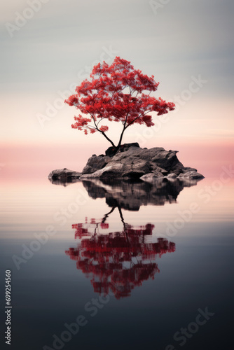 Minimalist landscape of lake and lone red tree on rock, vertical view of water and small island, peaceful nature in autumn. Concept of art, beauty, minimalism, tranquil, calm