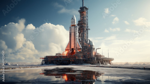 Fotografia Space rocket is on launch pad before start, spaceship on blue sky background