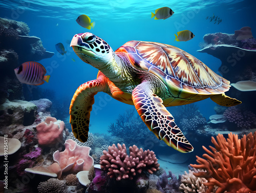 A turtle swims over colorful corals in the ocean