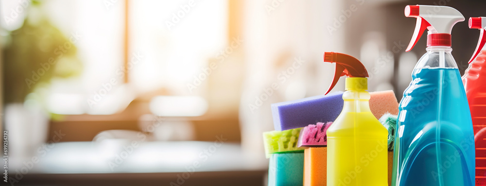 Close up of cleaning products and tools. Copy space for text or advertisement - obrazy, fototapety, plakaty 