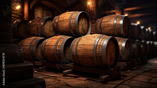 Wine cellar with vintage wooden barrels, old warehouse in underground of winery. Old oak casks with whiskey and rum in dark storage. Concept of vineyard, viticulture, winemaking photo