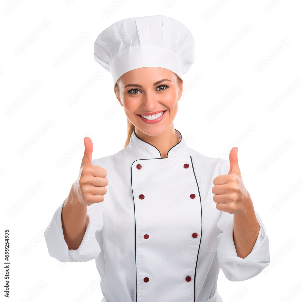 Happy Caucasian head chef posing with a smile and giving thumbs up over white transparent background Happy Caucasian head chef posing with a smile and giving thumbs up over white transparent background
