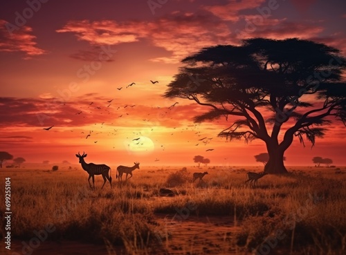 Amazing sunset and sunrise.Panorama silhouette tree in africa with sunset.