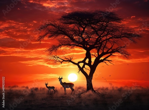 Amazing sunset and sunrise.Panorama silhouette tree in africa with sunset.