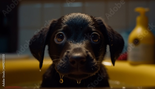 Cute puppy sitting in bathtub  wet and looking at camera generated by AI