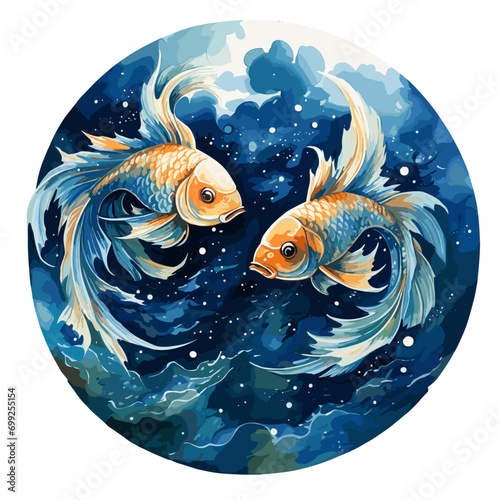 Sternzeichen Fische Aquarell Kunstwerk mit blauen Fischen im Kreis photo