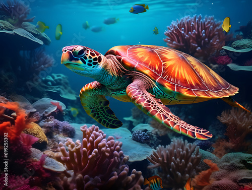 A turtle swims over colorful corals in the ocean © tanjidvect