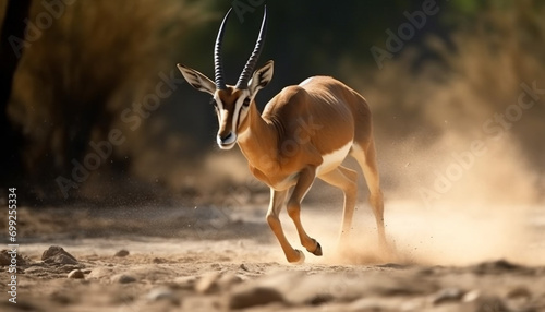 Hoofed mammal running in the wilderness, gazelle looking at camera generated by AI