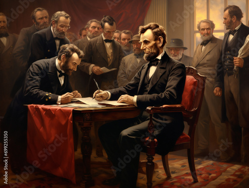 Historic Emancipation Proclamation signing image depicting Lincoln freeing slaves, a pivotal moment in American history. photo