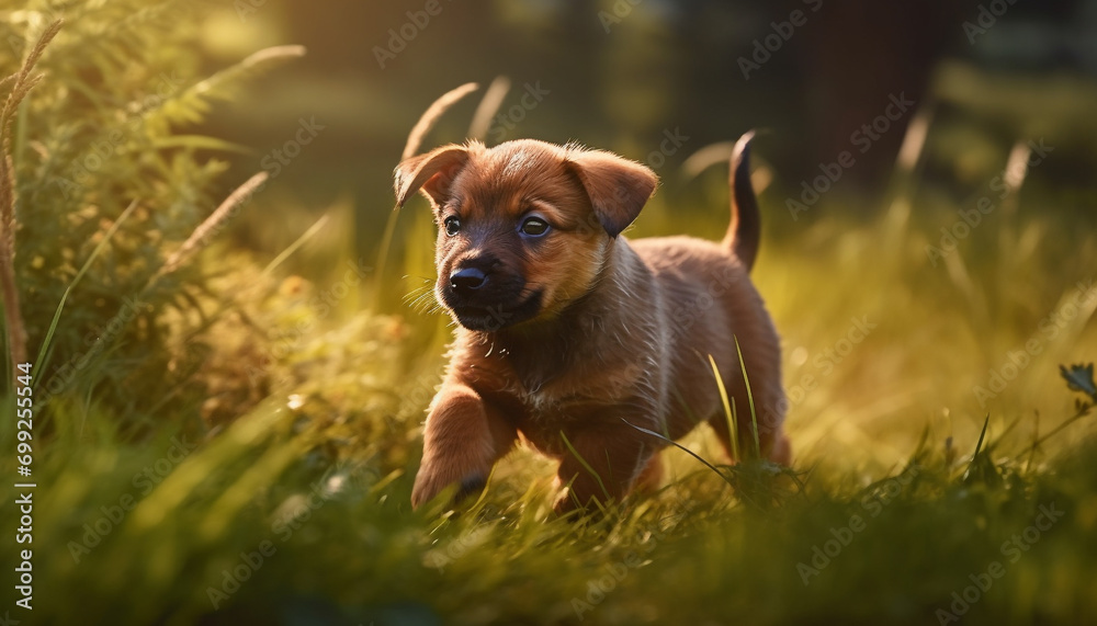 Cute puppy playing in the grass, enjoying the summer sunlight generated by AI