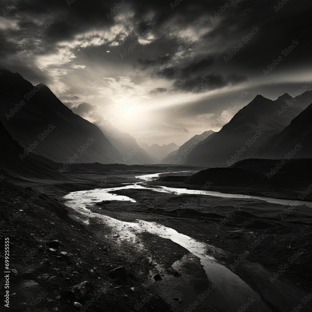 Fotografia en blanco y negro con detalle de paisaje natural con rios y montañas, al amanecer