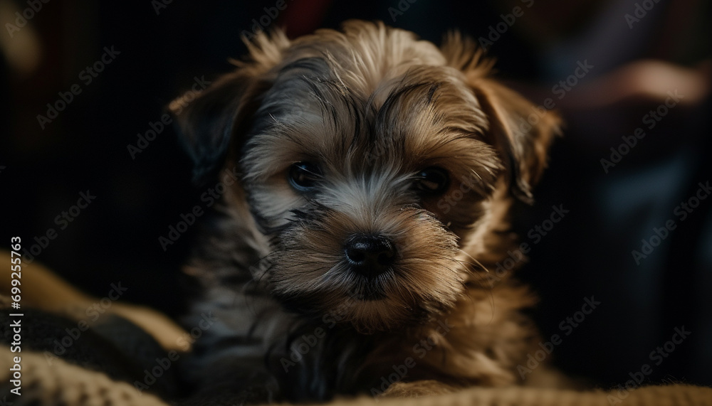 Cute puppy sitting, looking at camera, fluffy fur, playful nature generated by AI