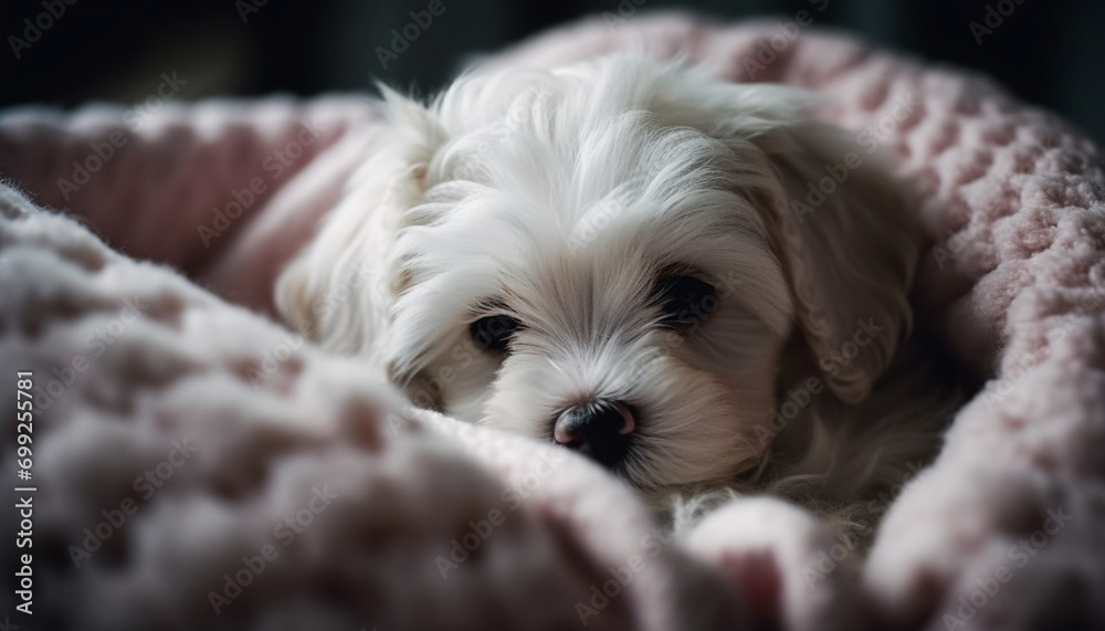 Cute puppy sleeping on a fluffy bed, looking at camera generated by AI Cute puppy sleeping on a fluffy bed, looking at camera generated by AI