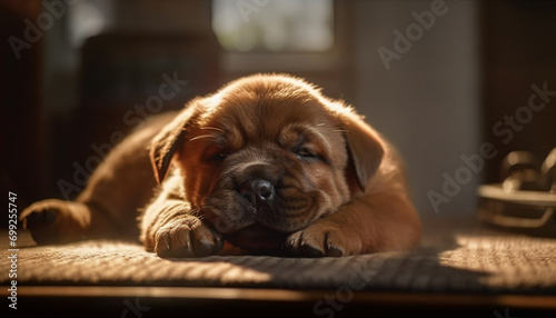 Cute puppy sleeping, resting, comfortable, pampered, playful, looking at camera generated by AI