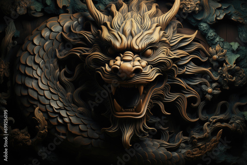 Generative AI image of Intricate Wooden Dragon Carving