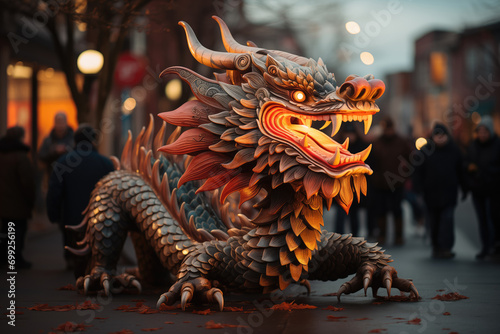 Generative AI image of a Chinese dragon among pedestrians photo