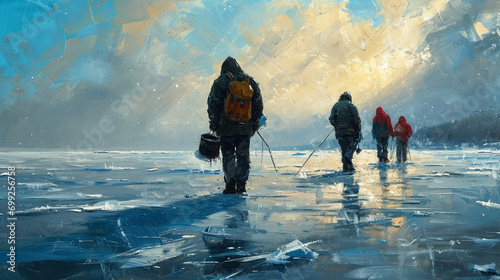 Ice Fishing Expedition: Ice fishermen on a frozen lake, bundled up against the cold, with colorful fishing gear dotting the icy landscape