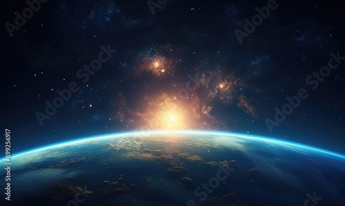 View of the Earth, star and galaxy. Sunrise over planet Earth, view from space.