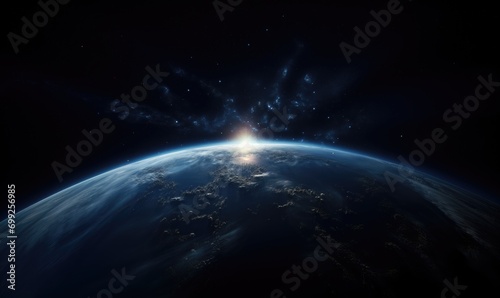 View of the Earth, star and galaxy. Sunrise over planet Earth, view from space.