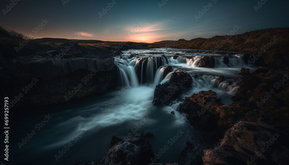 Fototapeta premium Majestic mountain range, tranquil waterfall, flowing water, autumn forest generated by AI