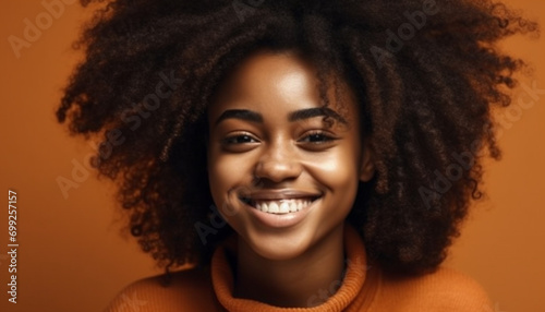 Smiling young woman with curly hair looking at camera happily generated by AI