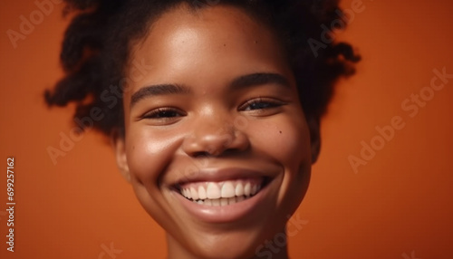 Smiling young woman with curly hair, confident and carefree expression generated by AI