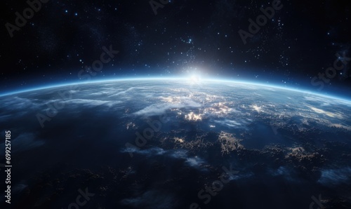 Blue planet Earth in darkness. Outer space. Our home. © grigoryepremyan