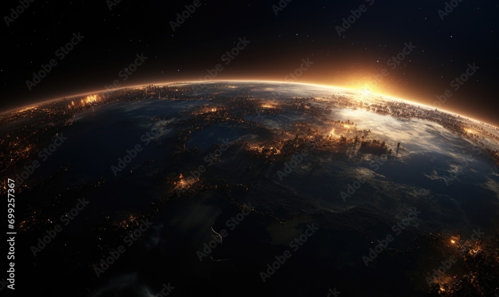 Beautiful blue planet earth with lights of night cities