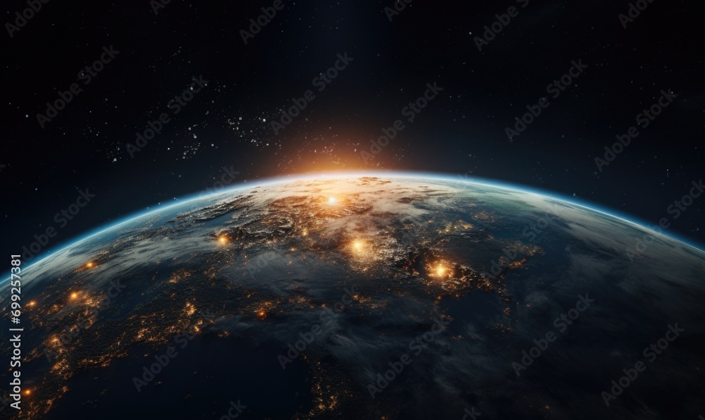 Beautiful blue planet earth with lights of night cities - obrazy, fototapety, plakaty 